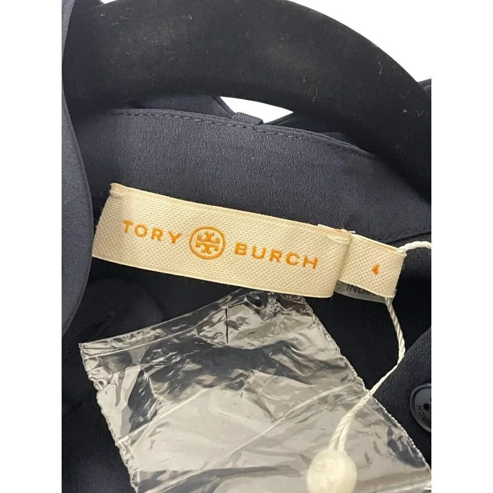 Tory Burch Womens Sleeveless Bow Blouse Top Shirt Sz 4 Navy Blue NWT $250